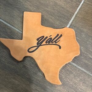 Texas Shaped Leather Coaster with 'Y'all' Design